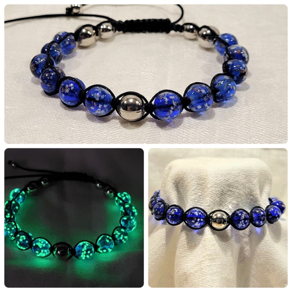 Royal Blue Glow-in-the-Dark Luminous 8mm Glass Bead Adjustable Bracelet, Shamballa Style, Unique Handmade Bracelet, Adjustable Size Bracelet