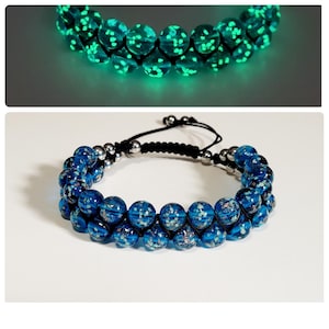 Sky Blue Glow-in-the-Dark Firefly Double Row 8mm Glass Bead Adjustable Length Bracelet, Handmade Bracelet, UV Light Included,  Boho