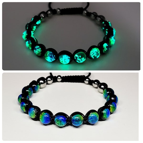 Blue Green Yellow Glow-in-the-Dark Luminous 8mm Adjustable Length Bracelet, Unique Handmade Bracelet, UV Light Included, Lunar Glow Beads