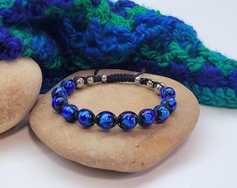 Cobalt & Cerulean Blue 10mm Glow-in-the-Dark Adjustable Bracelet: Lampwork Glass Bead, Stainless Steel or Hematite Accent Beads