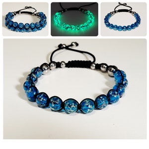 Sky Blue Glow-in-the-Dark Firefly 8mm Glass Bead Adjustable Length Bracelet, Handmade Bracelet, UV Light Included,  Boho, Blue Glow Bracelet