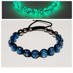 Sky Blue Glow-in-the-Dark Firefly 8mm Glass Bead Adjustable Length Bracelet, Handmade Bracelet, UV Light Included,  Boho, Wrapped