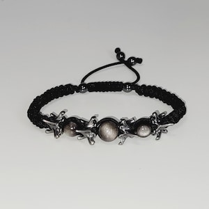 Gothic Silver Obsidian & Antique Silver Metal Dragon Bone Woven Adjustable Bracelet, Goth Punk Unisex Bracelet, Medieval, Heavy Metal