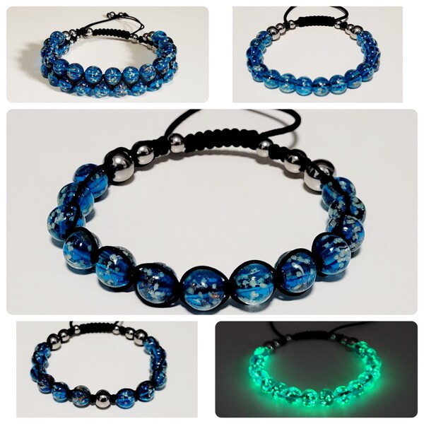 Sky Blue Glow-in-the-Dark Luminous 8mm Glass Bead Adjustable Length Bracelet, Shamballa Style, Unique Handmade Bracelet, UV Light Included