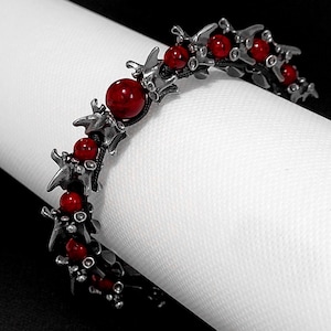 Handmade Gothic Deep Red & Gunmetal Gray/Antique Silver Metal Dragon Bone Woven Adjustable Bracelet, Goth Punk Unisex Bracelet, Medieval