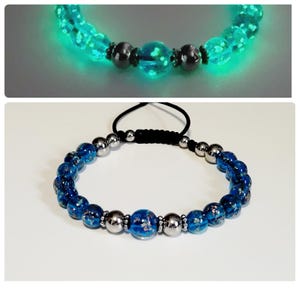 Sky Blue Glow-in-the-Dark Firefly 8mm Glass Bead Adjustable Length Bracelet, Handmade Bracelet, UV Light Included,  Boho, Blue Glow Bracelet
