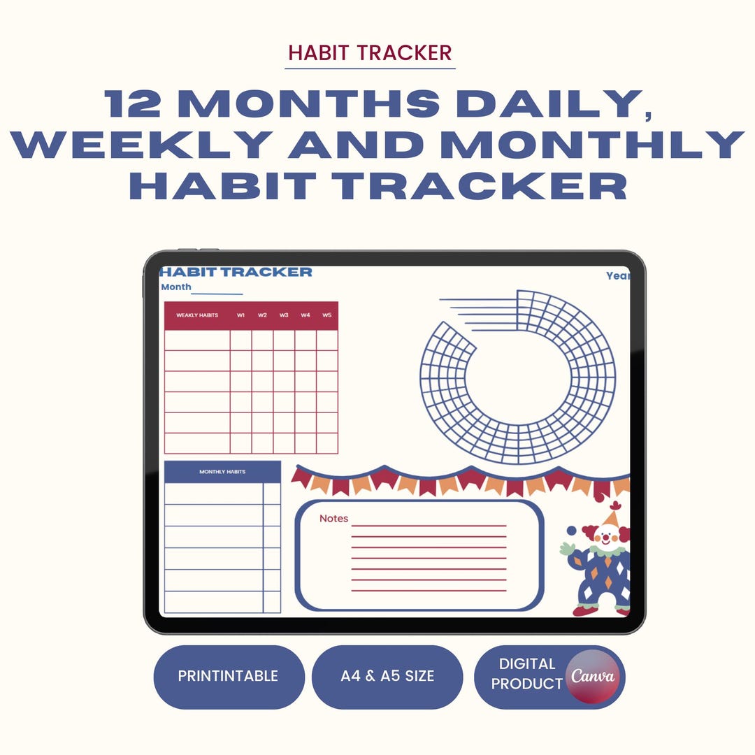 Habit Tracker | Printable PDF | Weekly & Monthly Tracker | Circus Theme ...