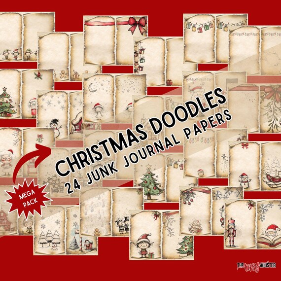 Christmas junk journal mega paper pack, festive decor, 24 printable digital papers, mixed media art, Winter digital downloads cdpk4