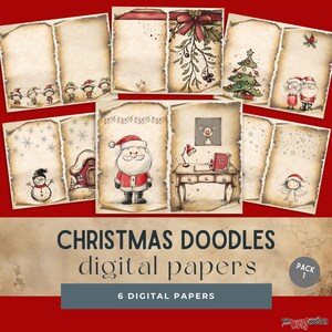 Papierpakket kerstrommeldagboek, feestelijk decor, zes afdrukbare digitale kranten, mixed mediakunst, papierkunst, digitale winterdownloads