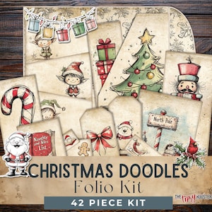 Christmas junk journal folio kit, festive decor, Christmas ephemera, printable digital papers, mixed media art,  paper craft, collage sheets