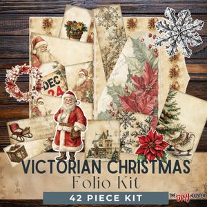 Vintage christmas junk journal folio kit, festive decor, Christmas ephemera, printable digital papers, mixed media art paper craft printable