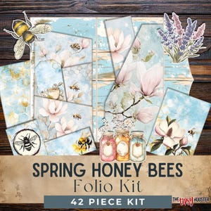 Kit de diario basura Spring Folio, kit de folio de abejas Garden Core, abeja de miel png, paquete de efímeras, imprimible en técnica mixta, manualidades de papel, hoja de collage