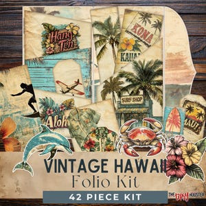 Kit Junk Journal Hawaii, kit digitale Folio, decorazioni tropicali, carte digitali stampabili, arte multimediale, artigianato di carta, fogli di collage