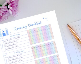 May include: A printable cleaning checklist with a pastel color scheme. The checklist is divided into three sections: kitchen, bathroom, and other. Each section has a list of monthly cleaning tasks and a grid to track completion.