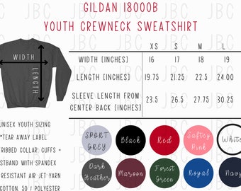 Gildan 18000B Rozmiar + Tabela kolorów, Gildan 18000b mockup, G180B Tabela rozmiarów, Gildan młodzieżowa tabela kolorów, Gildan 18000b, CANVA edytowalna tabela rozmiarów