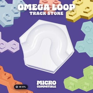 May include: A white hexagonal Omega Loop track stone with a curved interior path. The image features the text OMEGA LOOP TRACK STONE and MICRO COMPATIBLE, surrounded by various pastel-colored hexagonal building blocks on a purple background.