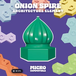 May include: A green onion spire architecture element with a hexagonal base and a ribbed dome top. The text ONION SPIRE ARCHITECTURE ELEMENT and MICRO COMPATIBLE appears on a purple background with various pastel-colored geometric shapes.