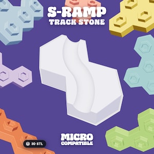 May include: A white S-Ramp Track Stone with a central curved channel, surrounded by various pastel-colored hexagonal building blocks. The text S-RAMP TRACK STONE and MICRO COMPATIBLE is visible, along with a 3D STL icon on a dark purple background.