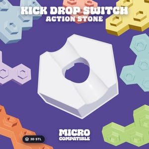 May include: A white hexagonal Kick Drop Switch Action Stone with a central circular opening and a curved channel. The text KICK DROP SWITCH ACTION STONE and MICRO COMPATIBLE is visible. Surrounding the center are various pastel-colored geometric shapes.
