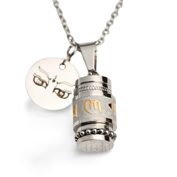 Waterproof Prayer Wheel Buddha Pendant with Custom Engraved Initials, Om Mani Padme Hum Mantra String Necklace, Religious Gift(Gold, Silver)