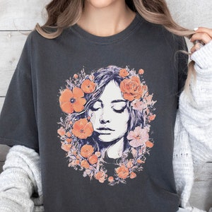 Boho Floral Goddess T-Shirt: Women&#39;s Botanical Comfort Colors Tee