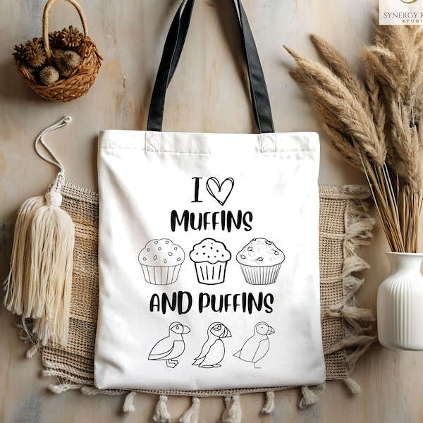 Love Muffins And Puffins Tote Bag, Tote Bag Gifts, Animal Lover Gift, Tote Bag For Mom, Muffin Lover Gift, Baker Bag, Gift For Baker