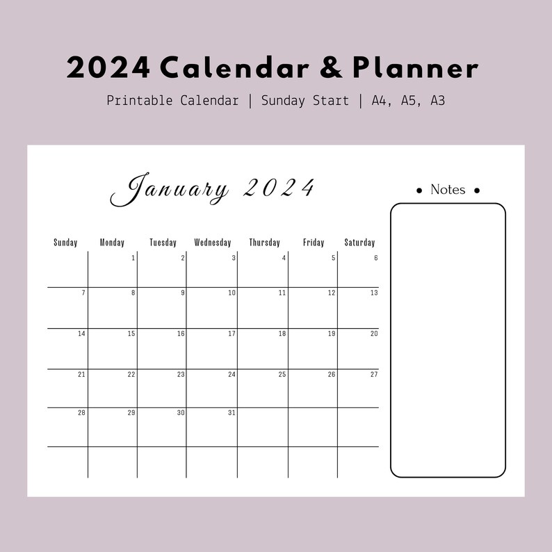 2024 Calendar and Planners A5 A4 A3 Size, Printable Calendar 2024, 2024 ...