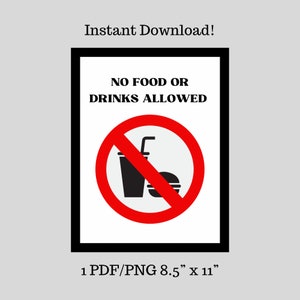 Printable No Food Or Drinks Allowed Sign, No Food Or Drinks Sign, No Food Sign - Instant Download