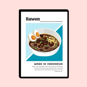 Pode incluir: Uma tigela de Rawon, uma sopa de carne preta tradicional indonésia, com uma mistura de especiarias típicas que usa kluwek. A sopa é coberta com dois ovos cozidos cortados ao meio e decorada com cebolas verdes e brotos de soja. O texto "Rawon" e "MADE IN INDONESIA" é exibido na imagem.
