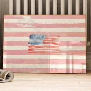 Landscape American Flag Digital Print In Pastel Pink Stripe, Trendy Vintage Coastal Grandmother Printable Poster, Coastal Cowgirl Wall Decor