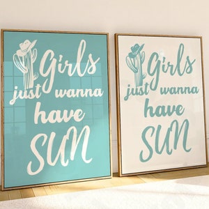Girls Just Wanna Have Sun digitale prints, trendy kustkleindochter print set van 2, afdrukbare westerse typografie posters, college