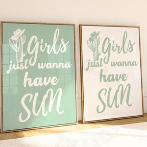 Digitale prints kustoma, trendy saliegroene print set van 2, Girls Just Wanna Have Sun-print, afdrukbare westerse typografie posters