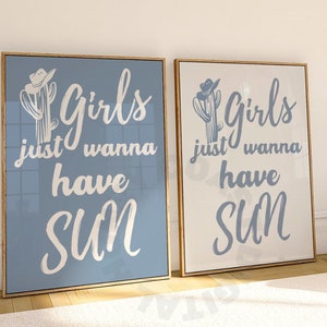 Digitale prints kustkleindochter, trendy blauwe print set van 2, Girls Just Wanna Have Sun-print, afdrukbare westerse typografie posters