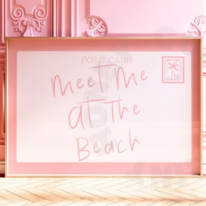 Landscape Meet Me At The Beach Coastal Love Letter Postcard in Pastel Pink Digital Print, Coastal Grandmother Poster Printable, Typography