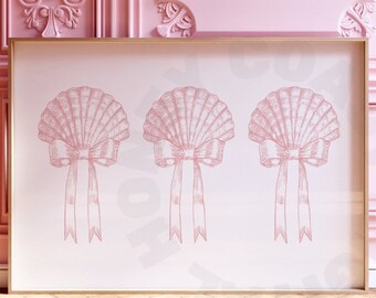 Landscape Seashell With Bow Sketch Digital Print In Pastel Pink, Coastal Granddaughter Wall Art Printable, Coastal Cowgirl Poster, College