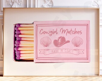 Landscape Pastel Pink Coastal Cowgirl Vintage Matchbox Matches Digital Print, Cowgirl Matches Poster Printable, Retro Western Cowboy Art