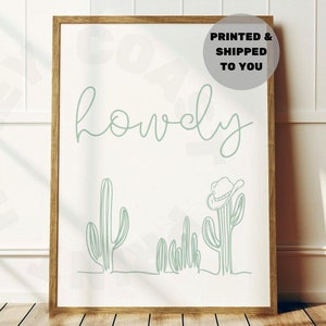 Howdy Typography Minimalist Cactus With Cowboy Hat Print In Sage Green, Western Cowgirl Poster Shipped Printed, Coastal Cowgirl Decor