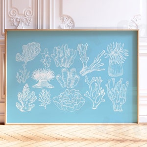 Landscape Vintage Corals Digital Print In Surf Blue, Trendy Coastal Grandmother Wall Art, Coastal Cowgirl Printable Poster, Western Decor