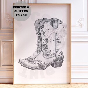 Monotone Floral Cowboy Boots With White Bow Print, Coastal Cowgirl Poster Printed Shipped, Western Wall Decor, Coastal Grandmother Art