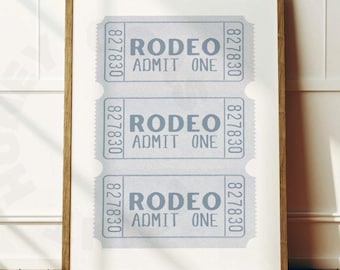 Impresión digital de entradas para rodeo vintage en azul costero, arte de pared imprimible de vaquera costera de moda, póster de vaquero del oeste, universidad