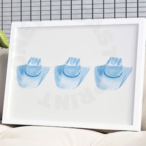 風景画の水彩画カウボーイハットのデジタルプリント（青）、トレンディな海岸沿いのカウガールの大きな印刷可能なポスター、海岸沿いのおばあちゃんのウォールアート、大学