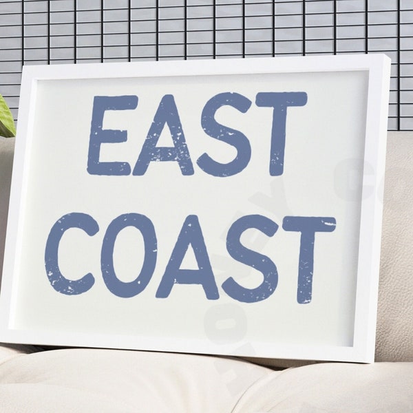 Landscape East Coast Typography Digital Print In Coastal Blue, Trendy Coastal Cowgirl Printable Poster, Western Cowboy Wall Art, College