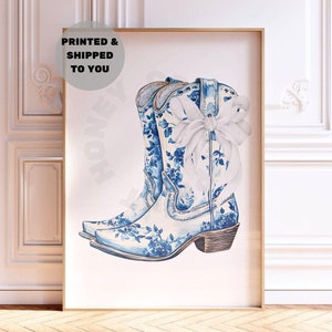 Blue Floral Cowboy Boots With White Bow Print, Coastal Cowgirl Poster Printed Shipped, Western Wall Decor, Coastal Grandmother Wall Art