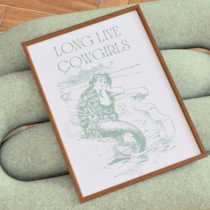 Long Live Cowgirl Mermaid Cowgirl Digital Print In Sage Green, Coastal Cowgirl Downloadable Wall Art, Beachy Printable Poster, College