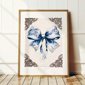 Nadmorska babcia vintage hair bow cyfrowy wydruk, nadmorska kowbojka estetyczna akwarela retro sztuka ścienna, nadmorski niebieski wystrój wnuczki