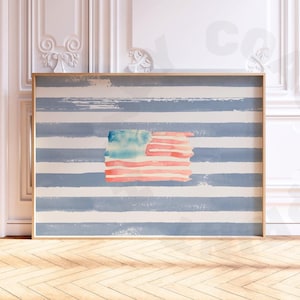 Landscape Watercolor American Flag Digital Print In Coastal Blue Stripe, Trendy Vintage Coastal Grandmother Printable Poster, Coastal Art