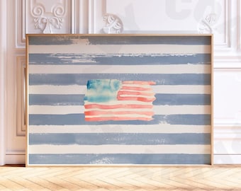 Landscape Watercolor American Flag Digital Print In Coastal Blue Stripe, Trendy Vintage Coastal Grandmother Printable Poster, Coastal Art