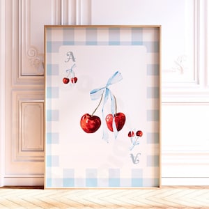 Cherry With Baby Blue Bow Playing Card Digital Prints, Coastal Grandmother Vintage Hair Bow Printable Posters, Feminine Bedroom Decor
