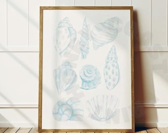 Watercolor Seashells Digital Print In Surf Blue, Trendy Vintage Coastal Grandmother Printable Poster, Coastal Cowgirl Wall Art, College