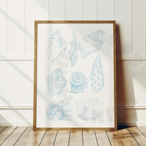 Watercolor Seashells Digital Print In Surf Blue, Trendy Vintage Coastal Grandmother Printable Poster, Coastal Cowgirl Wall Art, College